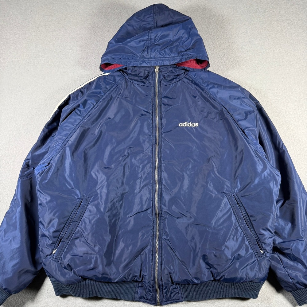 Vintage Adidas Reversible Hooded Bomber Jacket XXL Navy Blue Burgundy Trefoil